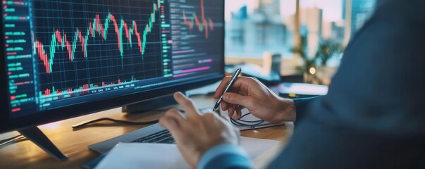 High-end tech-driven financial firm with analysts reviewing stock portfolios, investor analyzing returns, stock market trends