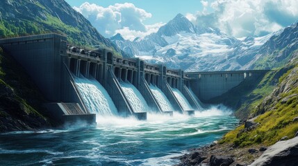 A hydroelectric power plant set against a mountainous landscape