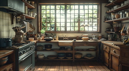 Japanese old kitchen. Generative AI.