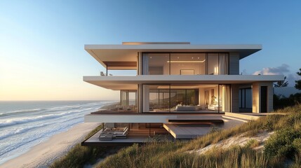 A modern beachfront cube home with a glass facade, merging indoor and outdoor spaces, sleek lines, futuristic architecture, sunset reflecting on the ocean[Futuristic, 3D Render, warm tones
