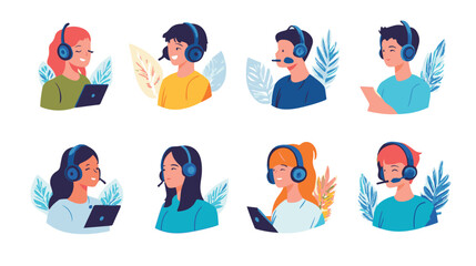 Live support concept and customer care icon set for contacting business services. Flat vector illustration
