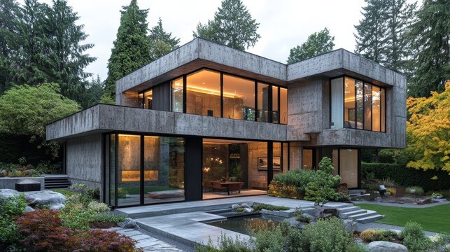 A modern asymmetrical cube home with staggered levels, textured concrete panels, and large glass windows, surrounded by a minimalistic garden