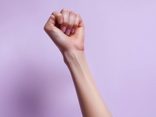 A closeup of a human wrist flexed upward with a soft purple background, showcasing natural skin tone and hand posture.