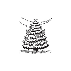 Decorated Christmas Tree in Black Outline on Plain White.