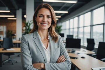 successful businesswoman standing in creative office and looking at camera while smiling
