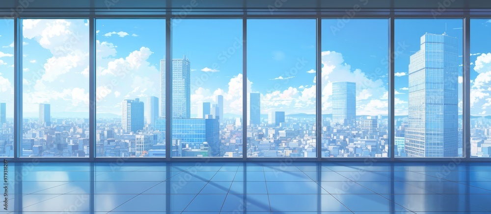 Poster Modern building painting featuring an empty floor and skyline Panoramic view of urban architecture and cityscape with ample space