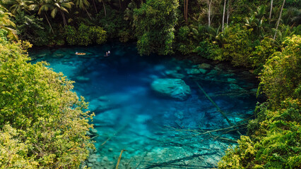 Obraz premium Amazing clear lake with crystal blue fresh water in Sulawesi, Indonesia. Aerial view
