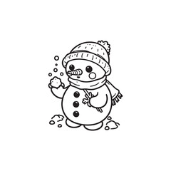 Funny Snowman Holding Snow - Vector Illustration, Black Outline.