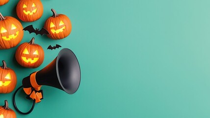 A festive Halloween scene featuring carved pumpkins and a loudspeaker, perfect for Halloween promotions and celebrations.