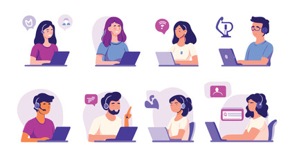 Live support concept and customer care icon set for contacting business services. Flat vector illustration
