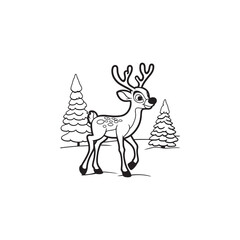 Cute Reindeer Vector - Black and White Outline Design.