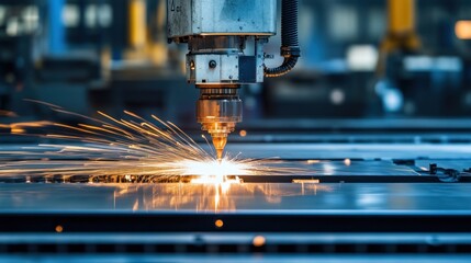 A large CNC plasma cutting machine working on a massive metal plate, producing detailed industrial parts.