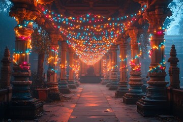 An illuminated temple colonnade adorned with festive lights.