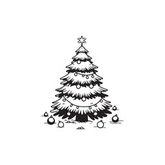 Decorated Christmas Tree in Black Outline on Plain White.