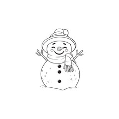 Snowman Holding Snow in Hand - Funny Pose, Black Outline Vector.