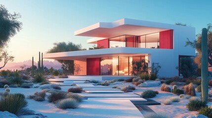 Fototapeta premium A modern cube-shaped house with red accents and white panels, set in a desert with sand dunes and cactiFuturistic, minimalistic, natural light, 3D rendering