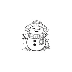 Snowman Holding Snow in Hand - Funny Pose, Black Outline Vector.