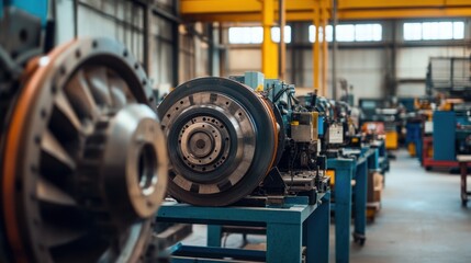 Fototapeta premium A maintenance workshop for large electric motors, where technicians are performing routine checks and repairs
