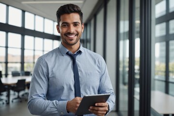 smiling professional young latin business man company employee, male corporate manager office worker looking at camera holding digital tablet standing in office with big windows, portrait, copy space