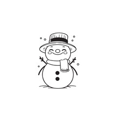 Snowman Posed with Snowball - Isolated Black and White Vector Drawing.