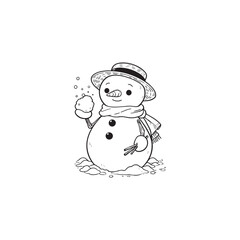Snowman Posed with Snowball - Isolated Black and White Vector Drawing.