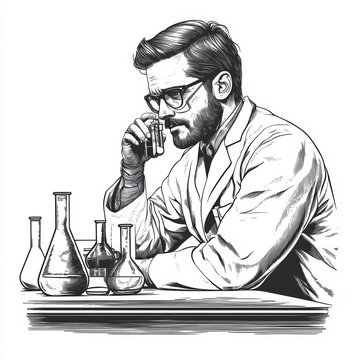 recommend clip art: Scientist Examining Flask in Lab   Black and White Illustration