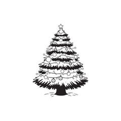 Simple Christmas Tree Design - Black Outline on White.