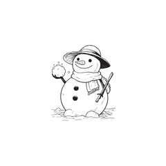 Snowman Posed with Snowball - Isolated Black and White Vector Drawing.
