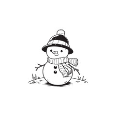 Cartoon Snowman Holding Snowball - Vector Design in Black Outline.