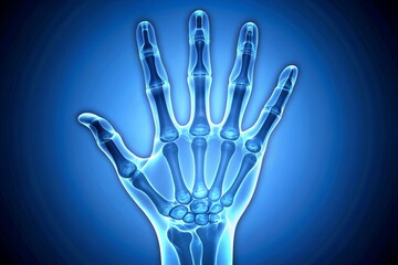 Naklejka premium Illustration of X-ray Image of Human Hand with High-Contrast Bone Structure on Gradient Blue Backdrop