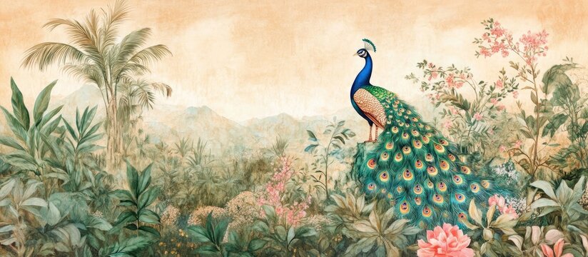 Traditional Mughal garden painting featuring a peacock and botanical elements Mural wallpaper design with a detailed landscape illustration