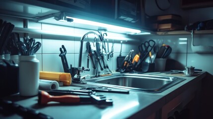 Fototapeta premium A modern plumbing setup under a kitchen sink, with a plumber working on tightening PVC pipes using a pipe opening tool