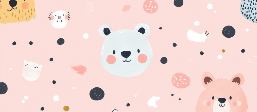 Vector illustration featuring a bear and dog pattern on a pastel pink background with polka dots Created in a playful doodle cartoon style