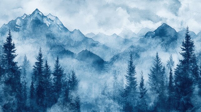 Mountain view wallpaper design featuring a blue monochrome color scheme mural art forest jungle elements and watercolor texture