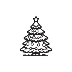 Decorative Christmas Tree in Black Outline - White Background.