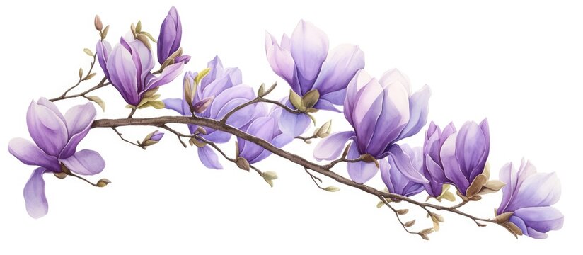 watercolor purple magnolia flowers on branch clip art preview
