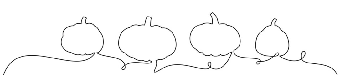 Vector illustration of four pumpkin outlines connected by flowing curly vines, showcasing a minimalist design.