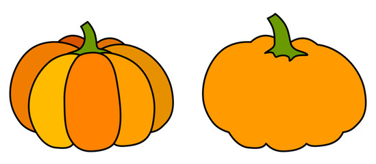Vector illustration of two cartoon-style pumpkins, one detailed and one simple, in bright orange hues.