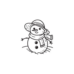 Cute Snowman Holding Snow - Isolated Black Outline on White.