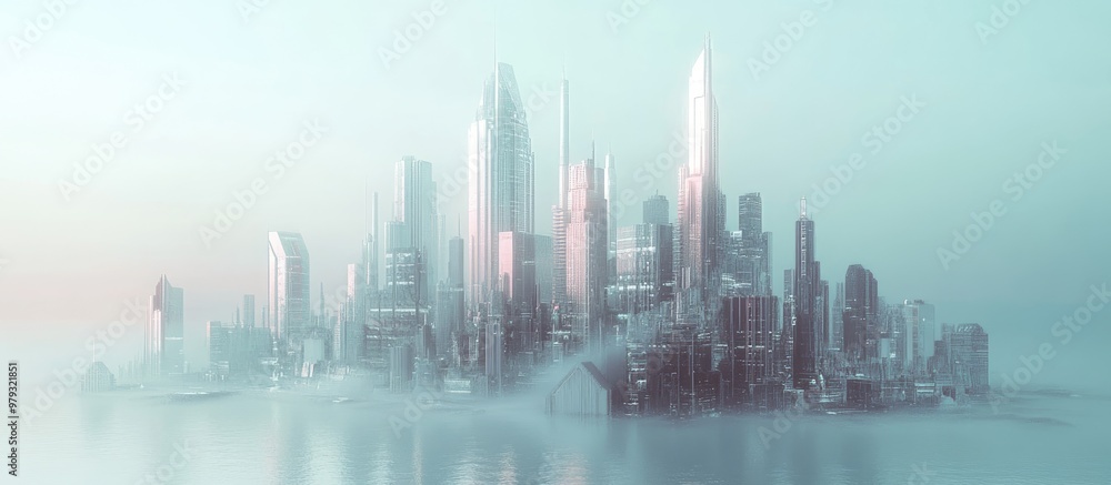 Poster surreal 3d illustration of a futuristic utopian metropolis in an abstract science fiction style