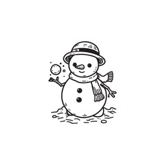 Cute Snowman Holding Snow - Isolated Black Outline on White.
