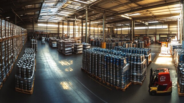 A panoramic view of the storage warehouse shows rows of neatly stacked kegs and pallets of bottled beer, ready for distribution
