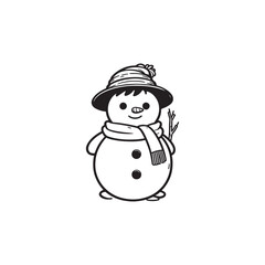 Comical Snowman Holding Snowball - Vector Outline Illustration.