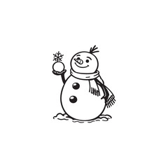 Comical Snowman Holding Snowball - Vector Outline Illustration.