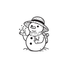 Happy Snowman Posing with Snow in Hand - Black Outline on White.