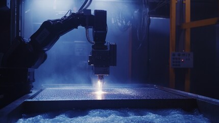 A powerful laser cutting machine working on a shipbuilding component, slicing through thick metal plates with ease