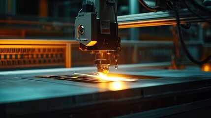 A powerful laser cutting machine working on a shipbuilding component, slicing through thick metal plates with ease