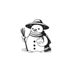 Snowman Character Holding Snow - Black and White Outline Vector.