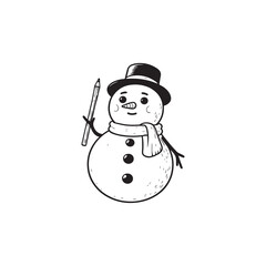 Snowman Character Holding Snow - Black and White Outline Vector.