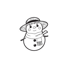 Snowman Character Holding Snow - Black and White Outline Vector.